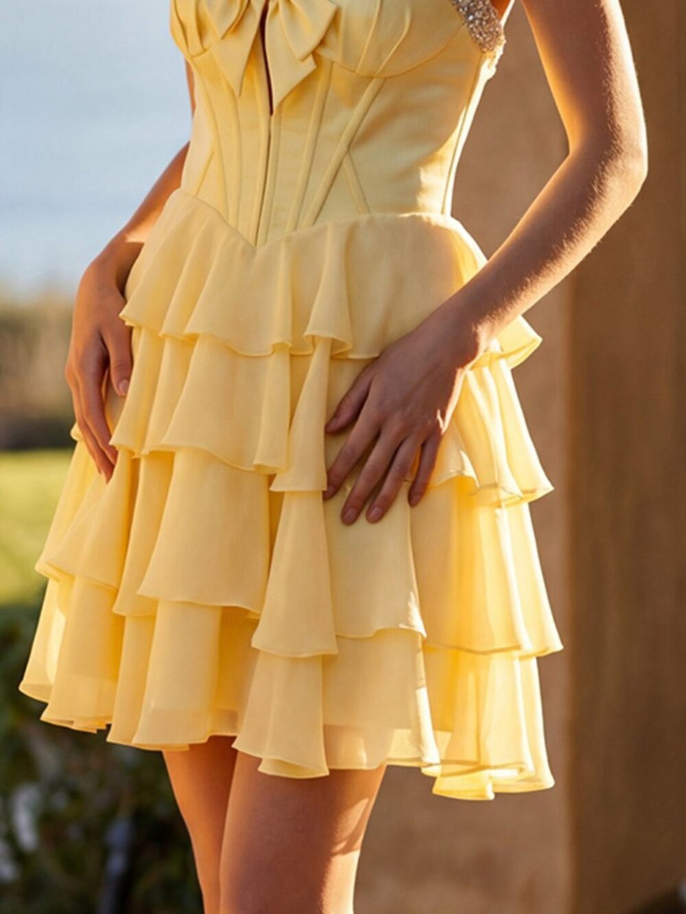 New Yellow Short Fit & Flare Holiday Parties Dress w/ Corset Bodice JT7110A - Picture 5 of 8